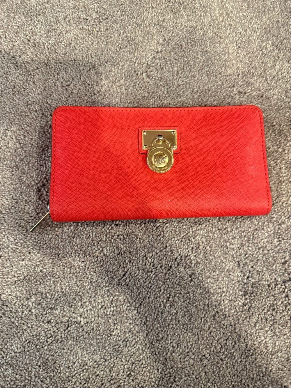 Michael Kors Bright Red Saffiano Zip Wallet with Gold Lock
